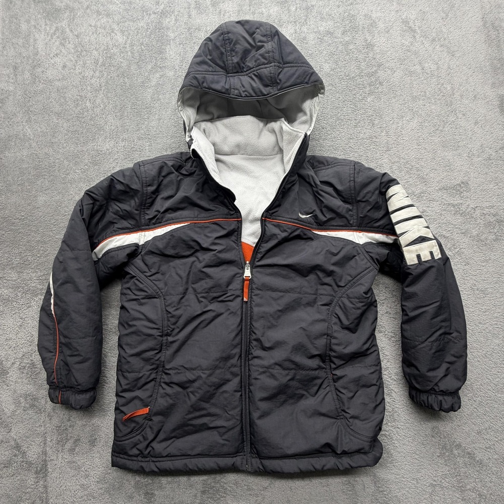 Nike Jacket Youth 10-12‎ Gray Orange Reversible Hooded Fleece Lined Puffer
